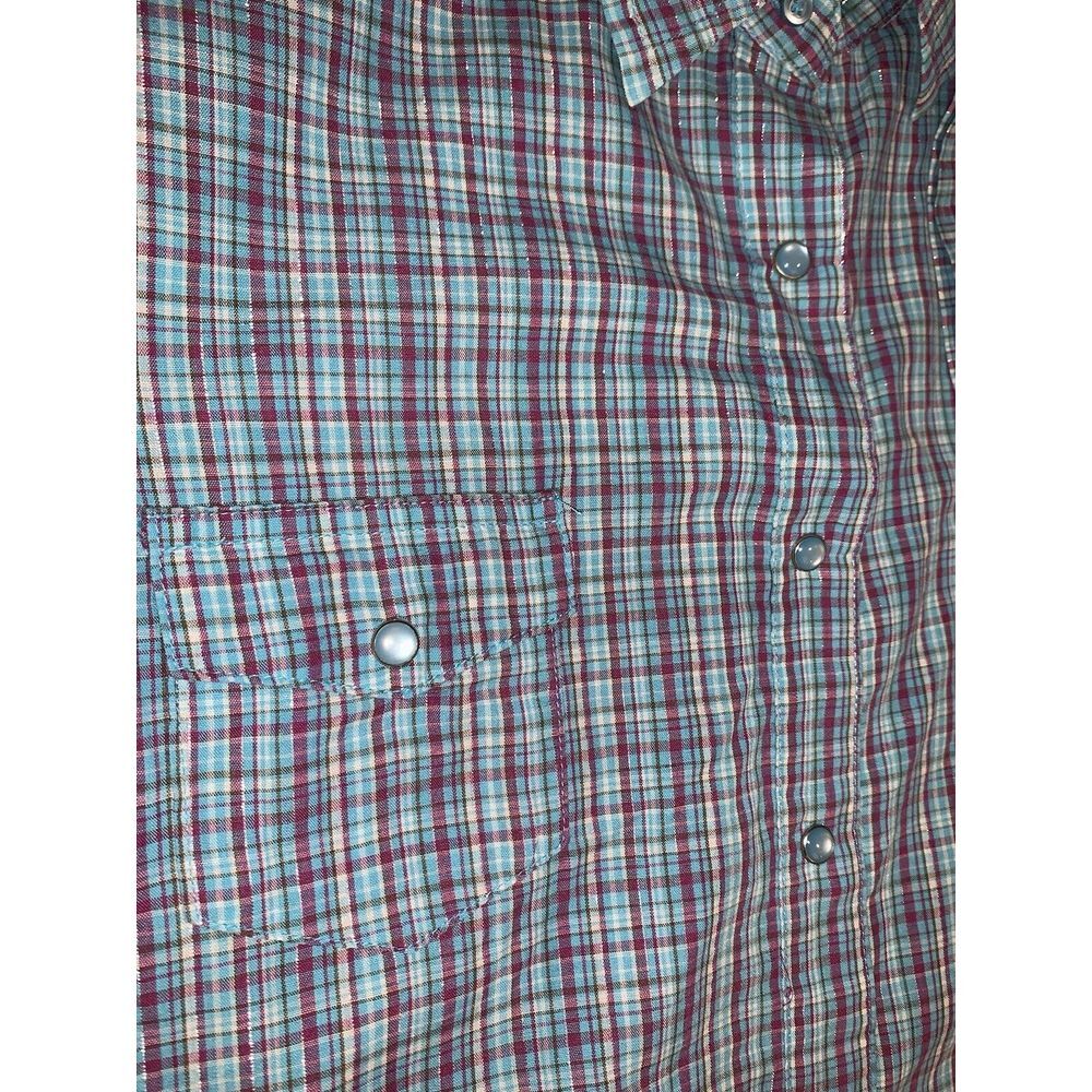 Women's L Blue Pink Sparkle plaid Wrancher Wrangler Short Sleeve Pearl Snap - Picture 8 of 16
